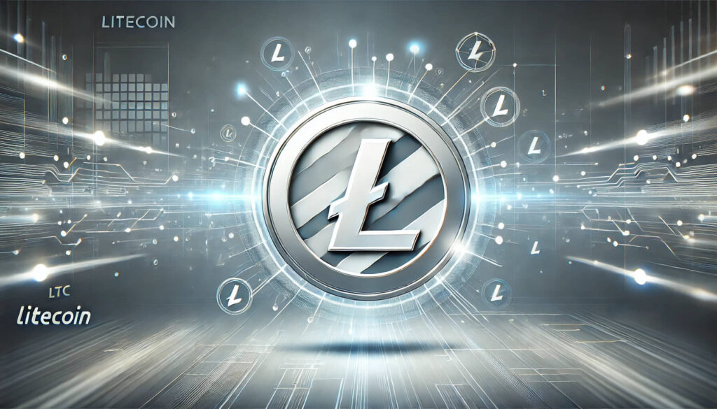 Modernes Bild mit einem leuchtenden Litecoin-Logo im Zentrum, umgeben von digitalen Transaktionssymbolen vor einem Hintergrund in Silber- und Blautönen.